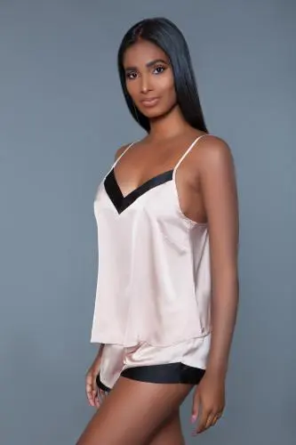 Be Wicked Natalie Satin Hemd & Short - Roze/Zwart - Afbeelding 2