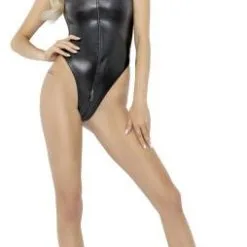 Noir Handmade Wetlook Body Met Slangenprint En Rits - Zwart